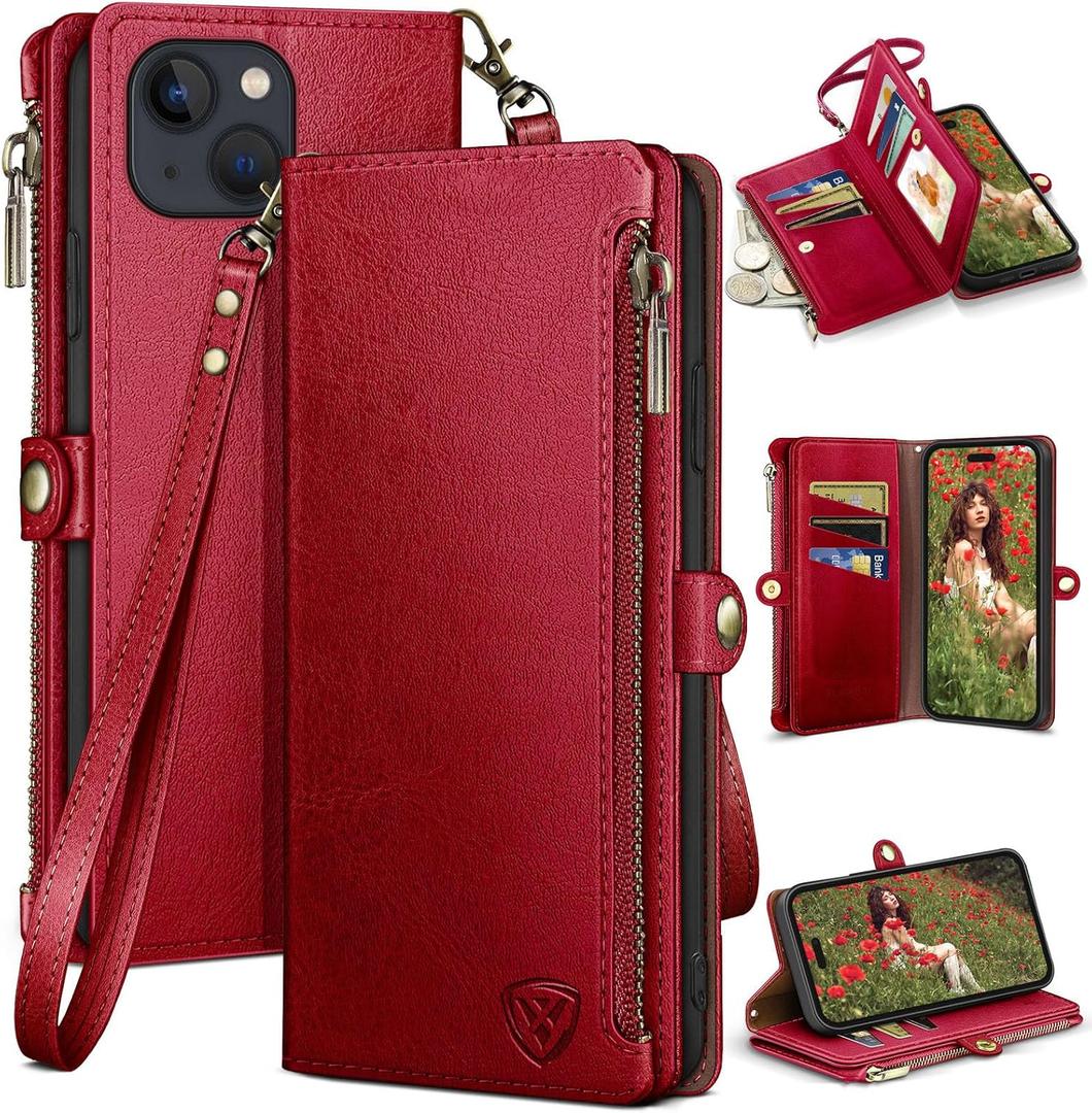 XcaseBar for iPhone 15 6.1" Wallet Case with Zipper Credit Card Holder RFID Blocking, Flip Folio Book PU Leather Shockproof Strap Protective Cover Women Men for Apple 15 Phone Case Red