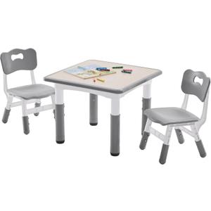 DOREROOM Kids Table and 2 Chairs Set, Height-Adjustable Toddler Table and Chairs Set with Graffiti Desktop, 23.6''L x 23.6''W Children Activity Table for Daycare, Classroom, Home, Grey-w