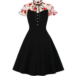 Women's Vintage Polka Dot 1950s Audrey Retro Rockabilly Prom Dress 50's 60's A-Line Cocktail Party Swing Dress (Black, S)