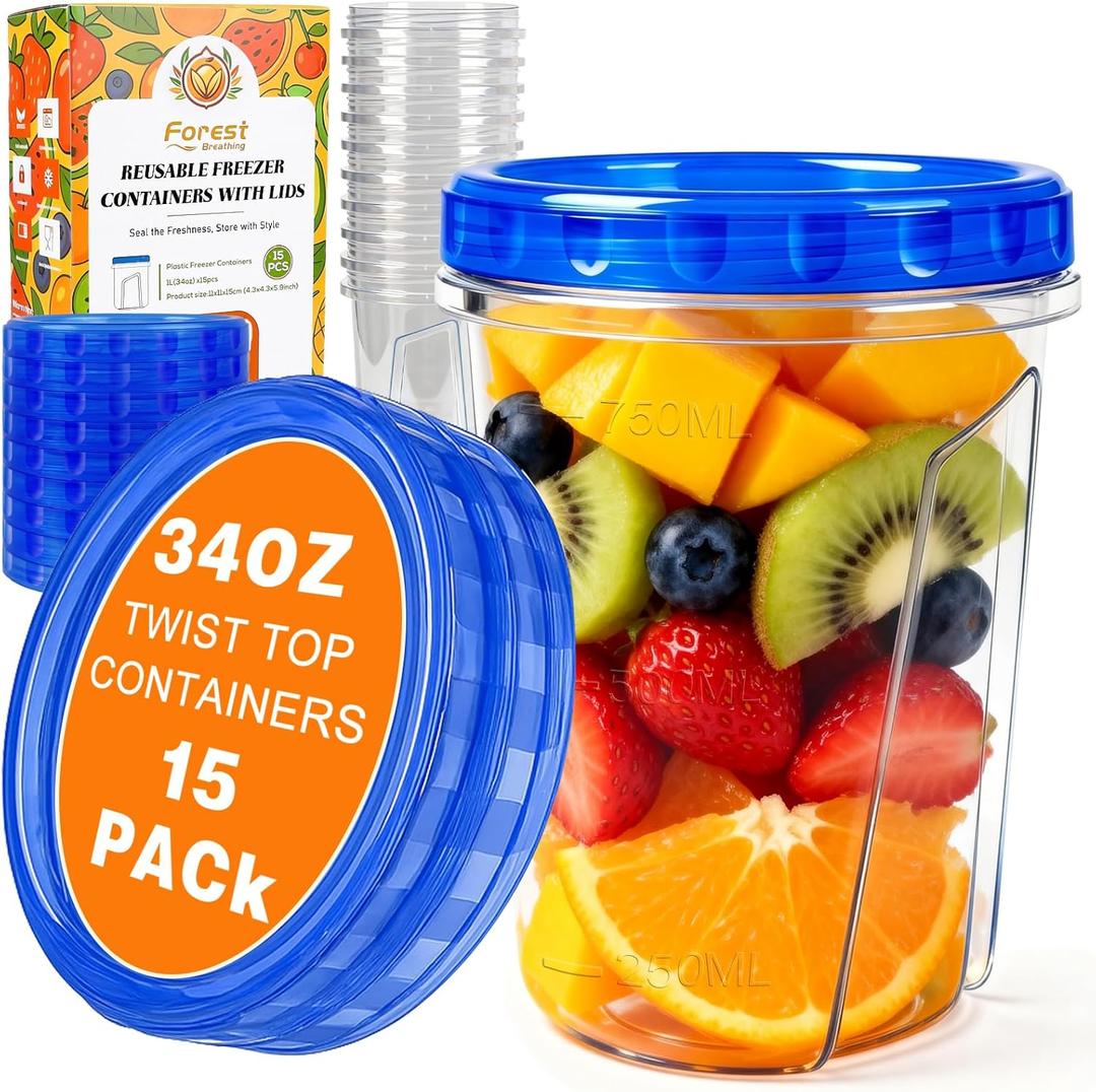 15 Pack 34oz Reusable Freezer Storage Containers with Twist Top Lids Airtight, Clear Plastic Soup Freezer Containers, Quart Food Storage Containers with Lids for Meal Prep Leftover Lunch Salad Fruit