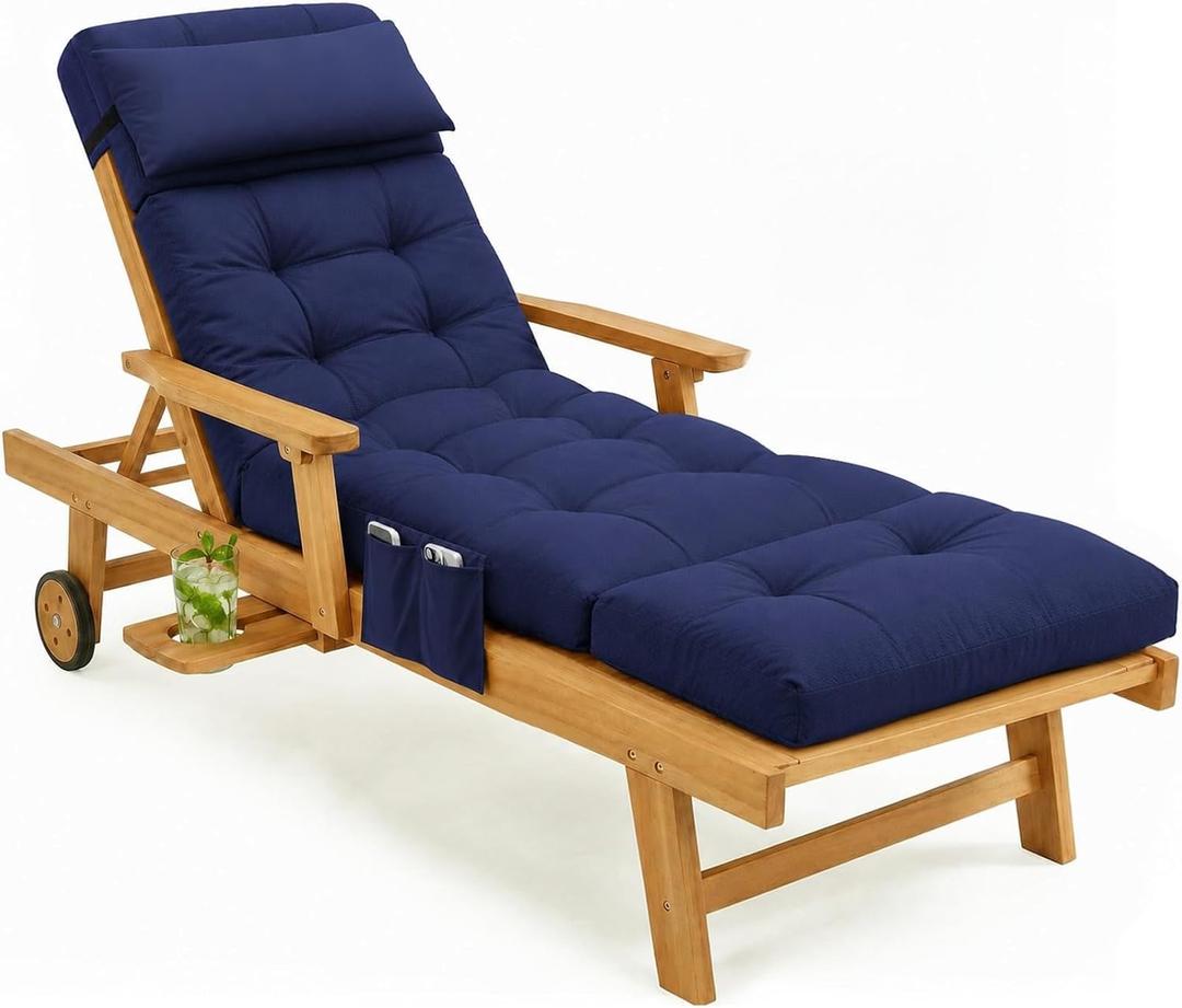 Outdoor Chaise Lounge Chair Cushions Waterproof 74.4 x 22 x 4.7 Inches Patio Lounge Chair Cushions for Outdoor Furniture with Headrest and Pocket, Replacement Pool Lounger Cushions, Blue