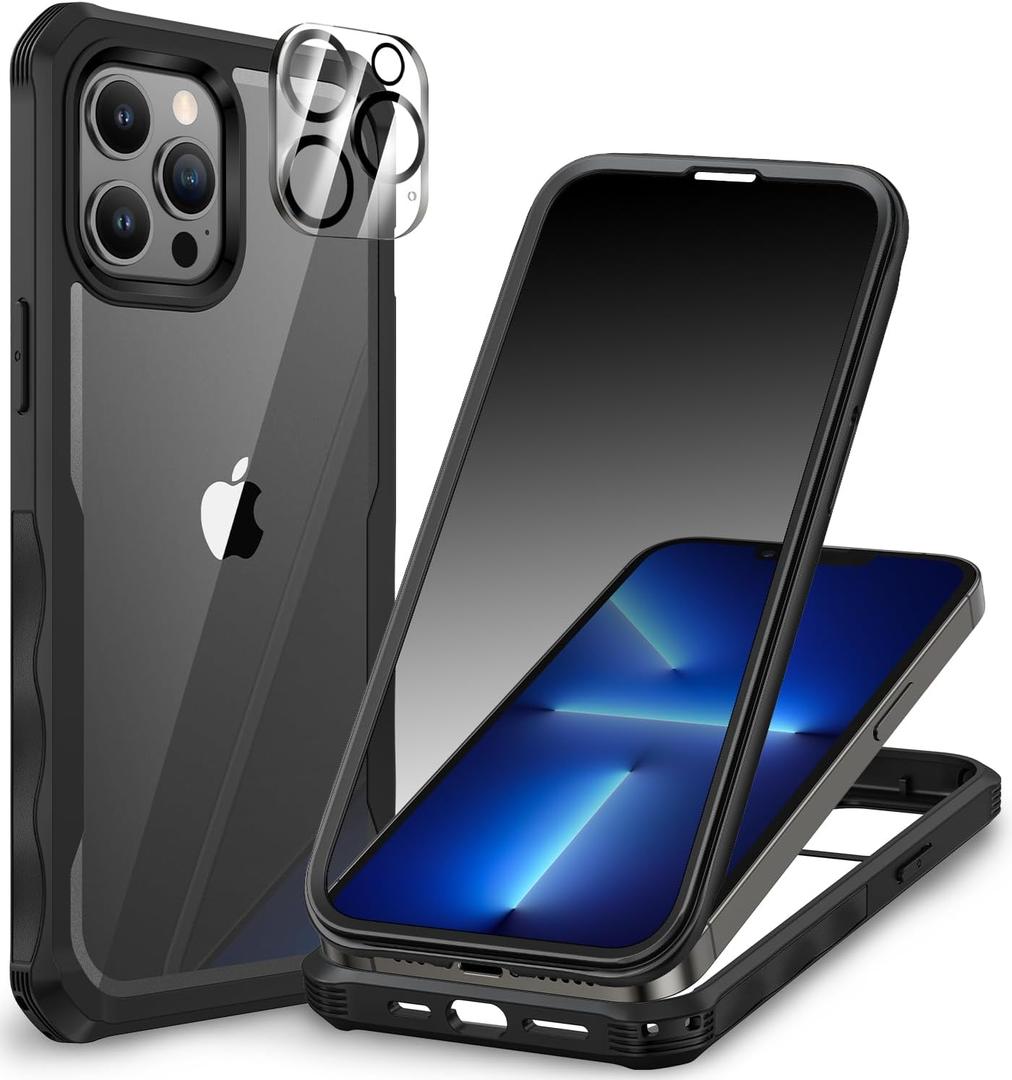 CENHUFO for iPhone 13 Pro Max Case, Privacy Phone Cover with Built-in Anti Peep Tempered Glass Privacy Screen Protector and Camera Protective, Full Body Shockproof Spy Clear Double Bumper - Black