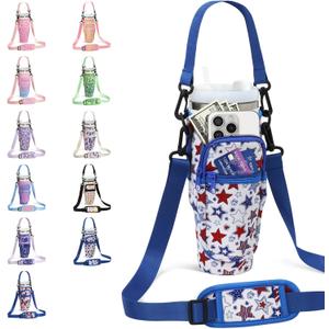 DLOCCOLD Water Bottle Carrier Bag with Phone Pocket for 40 oz Tumbler, Water Bottle Holder with Adjustable Shoulder & Handheld Strap, Carrier Sling Bag for Water Bottle Walking Camping Travelling (Blue Star)