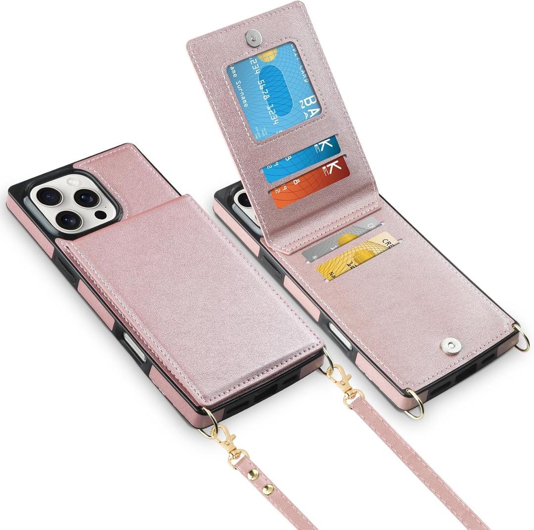 Vofolen for iPhone 16 Pro Case with Card Holder Crossbody Lanyard Strap Leather Wallet Case with Magnetic Clasp Kickstand Heavy Duty Protective Flip Cover for iPhone 16 Pro for Women, Rose Gold