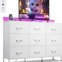 WLIVE White Dresser TV Stand for 45, 50, 55 inch TV, Entertainment Center with LED Lights & Charging Station, Chest of drawers with 9 Fabric Drawers and Open Shelves for Living Room, Hallway, Wood Top