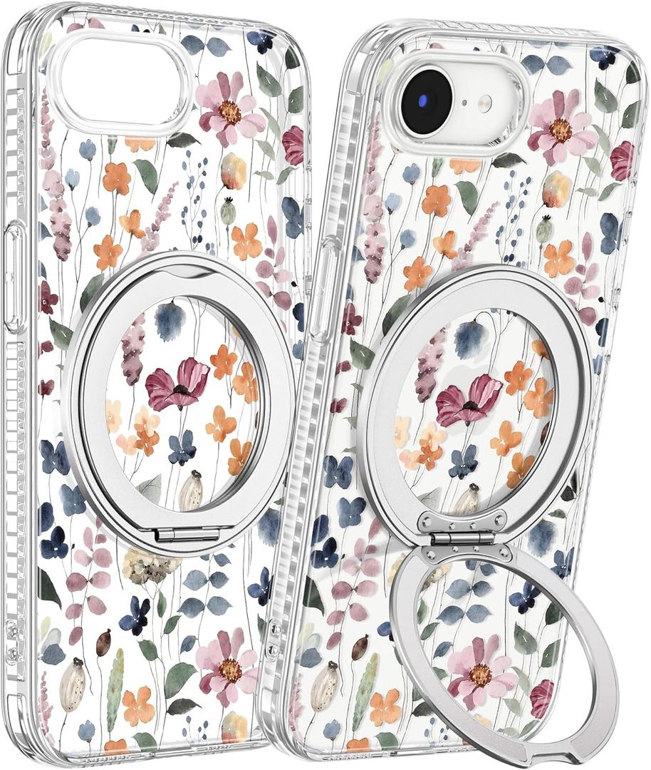 Loheckle for iPhone 17e/16e Case with Stand- Compatible with MagSafe Women Girls Cute Clear Girly Aesthetic Unique Design Soft TPU Magnetic Ring Phone Cover for Apple 17e/16e, Floral (Wild Flower)