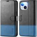 TUCCH Case Wallet for iPhone 15 6.1", Protective [TPU Shockproof Inner Shell], PU Leather [RFID Blocking] [4 Card Holder] Magnetic Closure Stand Cover Compatible with iPhone 15 6.1", Black&Light Blue