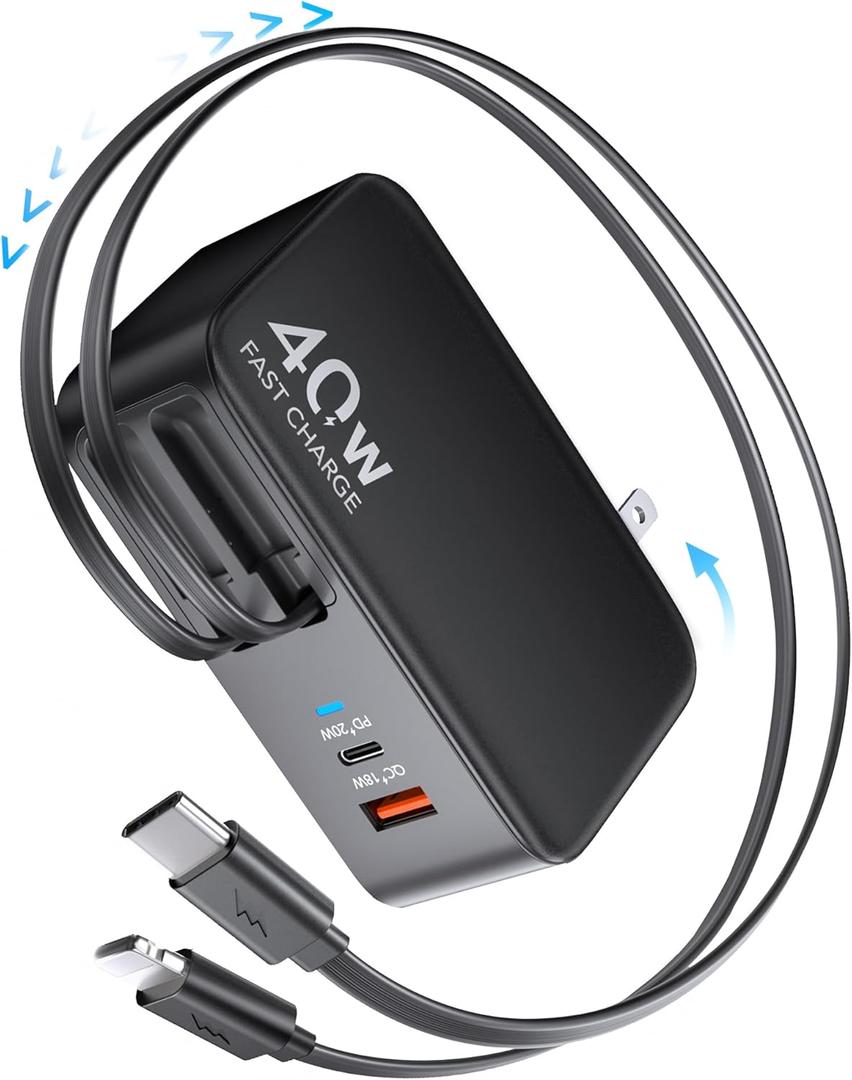 4-in-1 Retractable Gan Wall Charger Plug for iPhone 17 USB C,Travel Essentials Brick Multiport,3ft Lightening+ Type C Cables,40W Fast Charging Foldable Block for iPhone 17 Pro/16/15/14/13,iPad,Galaxy
