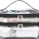 HAOGUAGUA Double Layer Clear Cosmetic Bag Makeup Bag, Waterproof Travel Toiletry Bag, Transparent PVC Pouch Organizer (Black-large)