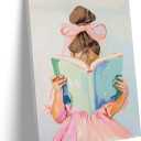 Brown Hair Girl Reading Book Canvas Wall Art Children Reading Wall Decor Picture Pastel Little Girl Poster Print Pink Bow Aesthetic Artwork for Gallery Library Reading Nook Decoration,16x24in