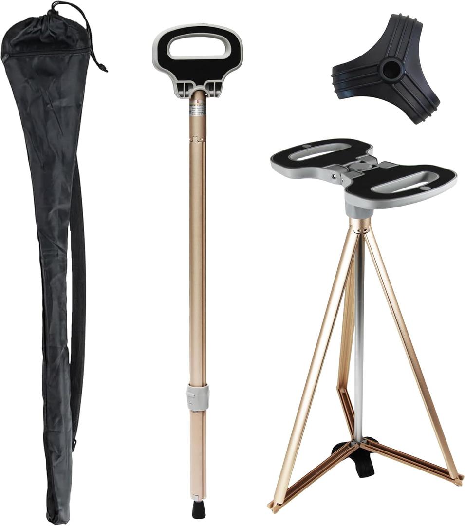 Cane with Seat 2-in-1 Portable Walking Stick with Seat for Men & Women Folding Lightweight Sturdy Tripod Cane Foldable Stool Mobility Aid Crutch Chair with Travel Bag for Elderly, Seniors & Handicap (white golden)
