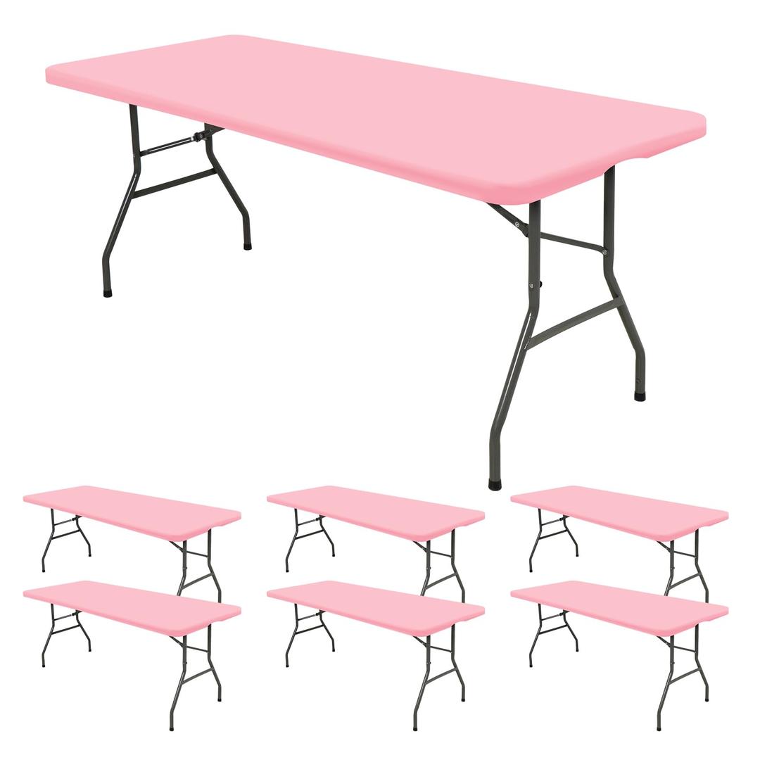 6 Pack Fitted Tablecloth for 8 Foot Rectangle Tables, Pink Elastic Outdoor Picnic Table Cover, Washable Stretch Folding Table Cloths 8 ft for Camping Party Patio Kitchen Banquet, 30" W x 96" L