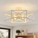 19.68'' Semi Flush Mount Ceiling Light, Farmhouse 6-Light White Kitchen Lighting Fixtures Ceiling Mount, Modern Flush Mount Light Fixture, Metal Hexagon Cage Ceiling Lamp for Hallway