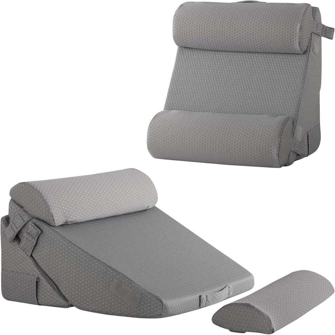 Bedluxe Adjustable 4pcs Bed Wedge Pillow Set, Memory Foam Wedge Pillows Post Surgery for Back, Neck, Leg Pain Relief, Pillow Wedge for Sleeping, Sitting up in Bed, Acid Reflux and GERD, Grey