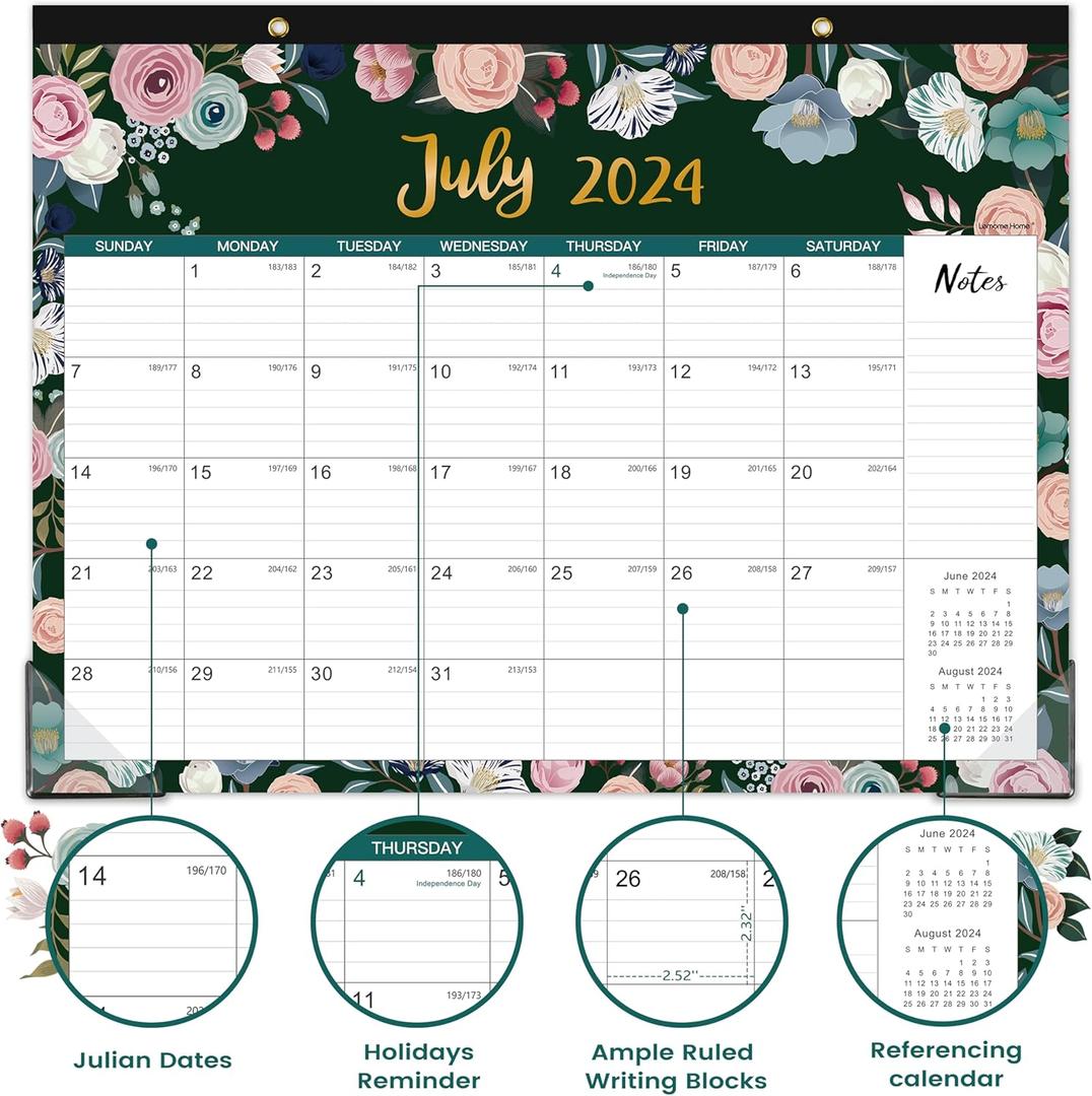2024-2025 Desk Calendar - Large Desk Calendar 2024-2025, JUL 2024 - DEC 2025, 22" x 17", Large Ruled Blocks, 2 Corner Protectors & 2 Hanging Hooks, Floral Design
