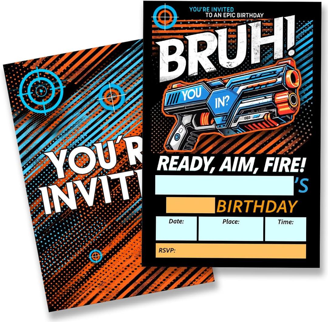 Brun Birthday Party Invitations Supplies with Envelopes Set of 20 Blaster Fight Theme Birthday Invites for Boys Fill in Blank, Double Sided