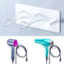 Hair Dryer Holder Wall Mounted, Universal Blow Dryer Holder, Hairdryer Storage Hanger with Plug&Cord Hook, Adhesive Hair Tool Organizer for Bathroom, White