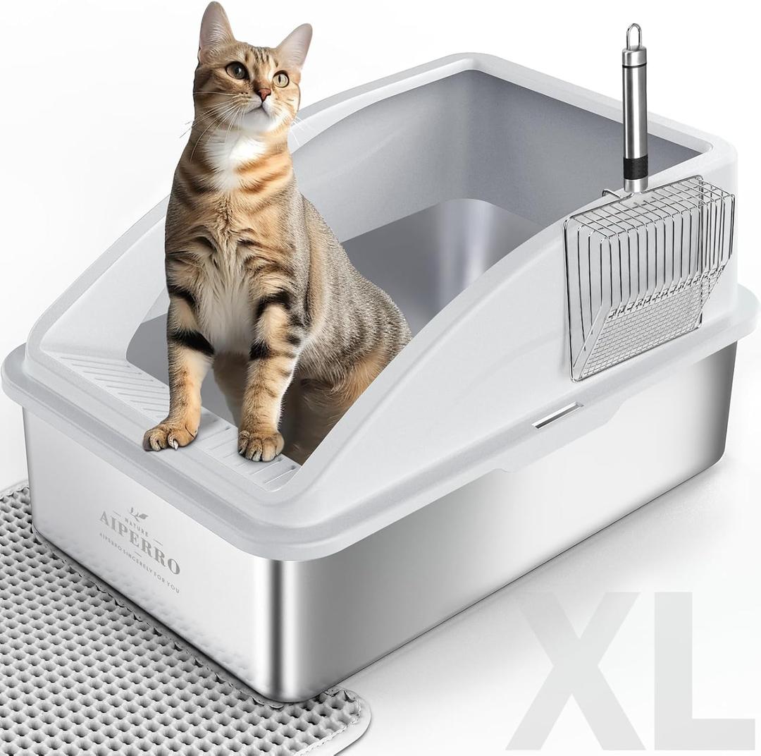 Stainless Steel Litter Box | XL Enclosed Cat Litter Boxs with Lid for Big Cats | High Sided, Anti-Urine Leakage | Non-Stick Bottom & Includes Litter Mat & Metal Scoop (Silver Gray)