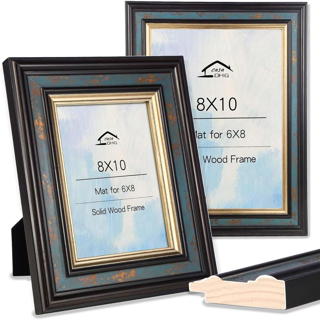 2 Pack 8x10 Vintage Wooden Picture Frames with Glass, Retro Design for Home, Office & Wedding Decor, Blue
