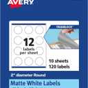 Avery TrueBlock Matte White Round Labels, Sure Feed Technology, 2" Diameter, 120 Matte White Labels, Print-to-The-Edge, Laser/Inkjet Printable, Great for Making Stickers or Product Merchandising