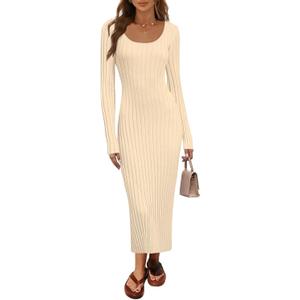 MEROKEETY Women's Fall Long Sleeve Sweater Dress Casual Ribbed Knit Slim Fit Bodycon Maxi Dresses (Beige, L)