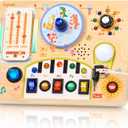 JoyCat Busy Board with Led Light, Toddler Toys for 1 2 3 4 Year Old Boys and Girls, Wooden Sensory Toys with Music, Travel Toy for Toddlers 1-3, Birthday Presents (Yellow)