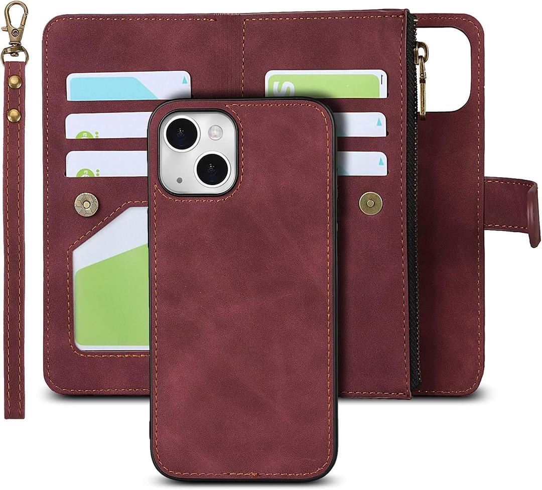 iCoverCase Compatible with iPhone 13 Wallet Phone Case with Card Holder, PU Leather Zipper Pocket Magnetic Detachable Flip Case with Wrist Strap (Claret)