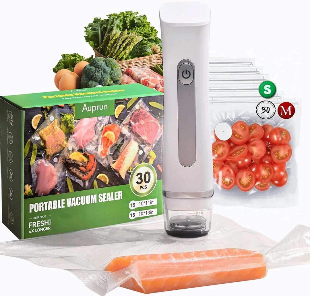 Compact Wireless Vacuum Sealer Machine for Food Preservation with 30 Reusable Vacuum Storage Freezer Bags, Portable Handheld Food Saver, for Meal Prep, Sous Vide Cook, Outdoor BBQ, Kitchen Leftover