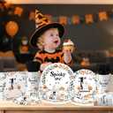 Spooky One Birthday Decorations for Boy,Halloween 1st Birthday Party Tableware Decorations Black Halloween Cartoon Ghost Pumpkin Leaves Wreath Disposable Plates Napkins Cups Forks and Knifes,Serve 24