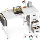 Casaottima 32-Inch Small Computer Desk with 4 Fabric Drawers, Storage, Side Hook and Cloth Bag, Kids Desk Study/Work Table for Bedroom and Small Space, White
