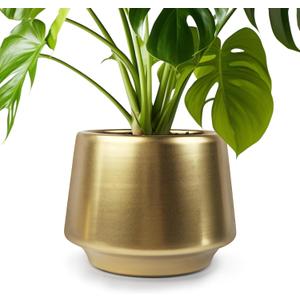 Gold Indoor Plant Pot 7 Inch Large Ceramic Planter With Drainage Hole - Modern Brass Flower Pot Centerpiece Vase - Decorative Greenery Potted for Indoor Plants