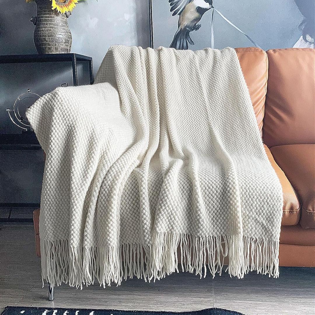 LOMAO Knitted Throw Blanket with Tassels Bubble Textured Lightweight Throws for Couch Cover Home Decor (Cream, 50x60)