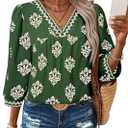 SHEWIN Women's Casual V Neck Floral Print Chiffon Blouses 3/4 Sleeve Boho Summer Tops Shirts (Medium, Dark Green)
