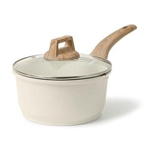 CAROTE 2Qt Sauce Pan Sets with Lid Cooking Pots Nonstick Saucepans Cookware Set with Pour Spout Small Kitchen Pot, Induction Comptable, Easy to Clean, PFOA FREE (White Granite)