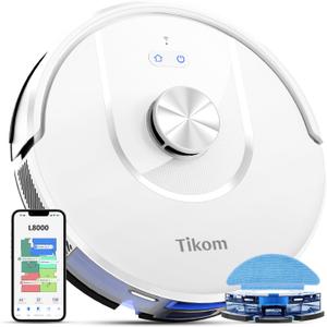 Tikom Robot Vacuum and Mop, L8000 Laser LiDAR Navigation Robotic Vacuum, 150Mins Max, 45dB, 14 No-Go Zones, 20 Virtual Walls, Self-Charging, Good for Pet Hair, Carpet, Hard Floor, White