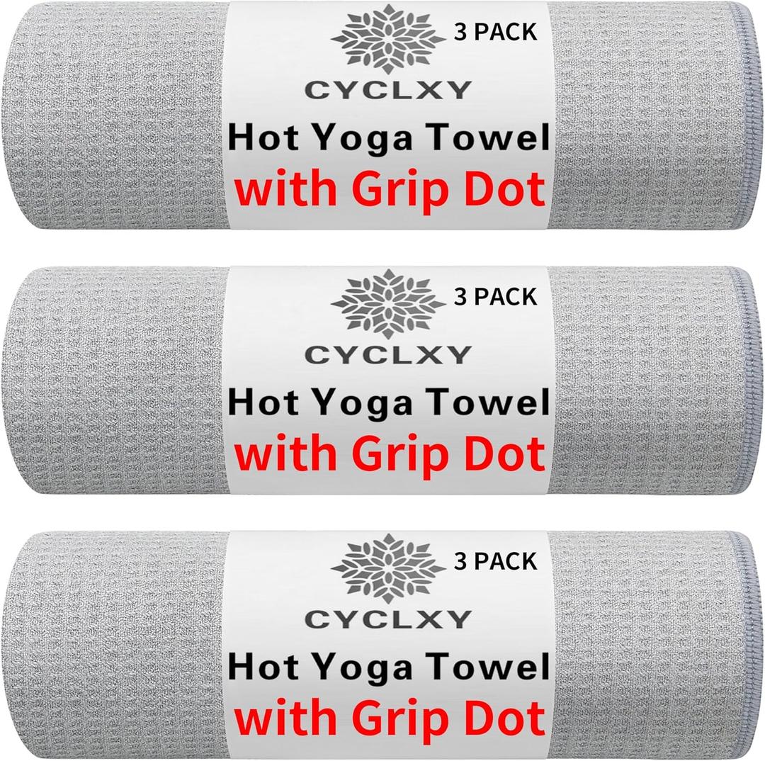 3 Pack Yoga Mat Towels with Grip Dot, Hot Yoga Towel Non Slip Yoga Mat Towel Non-Slip Sweat Absorbent Anti-Slip Yoga Towel for Bikram,Pilates (72.00" x 26.50", Grey)