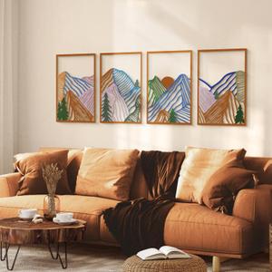 Glamativity 4 Pcs Colorful And Black Double-Sided Abstract Mountain Metal Wall Art , Mountain Line Art Dcor, 3D Textured Minimalist Wall Decor, Rustic Nature Wall Dcor for Living Room Bedroom Study (Mountain, M Size 17 x 12'')