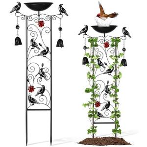 Qmetalart Black Bird Garden Trellis, Metal Birds Bath with Trellis for Outdoor, Halloween Plant Trellis with Wind Chime, Antique BirdBath for Climbing Plants with Detachable Iron-Bowl for Witchy Decor