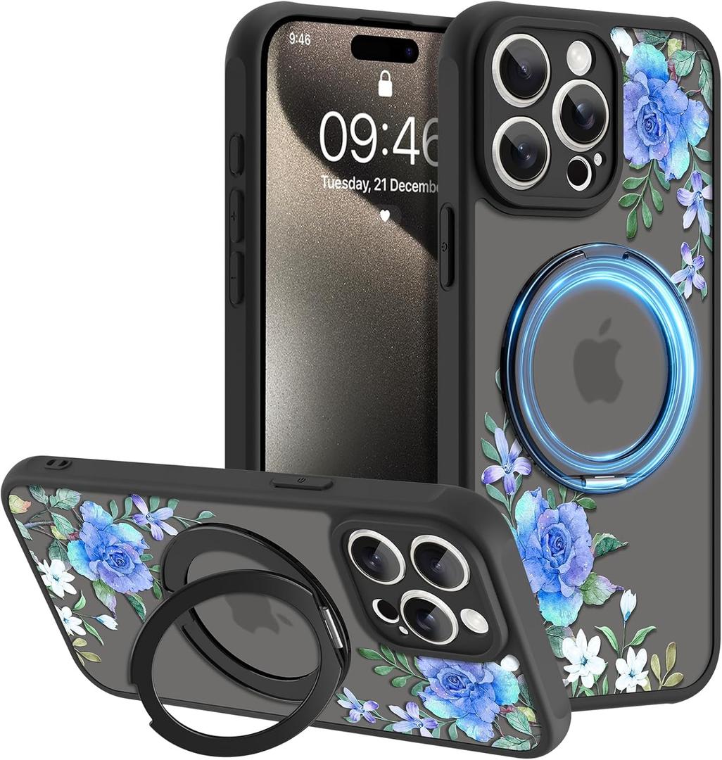 AIGOMARA 360 Spin Magnetic Stand for iPhone 15 Pro Case,Compatible with MagSafe,Flower Pattern with Soft TPU and PC Back Protection Semi-Transparent Frosted Design for Women Blue