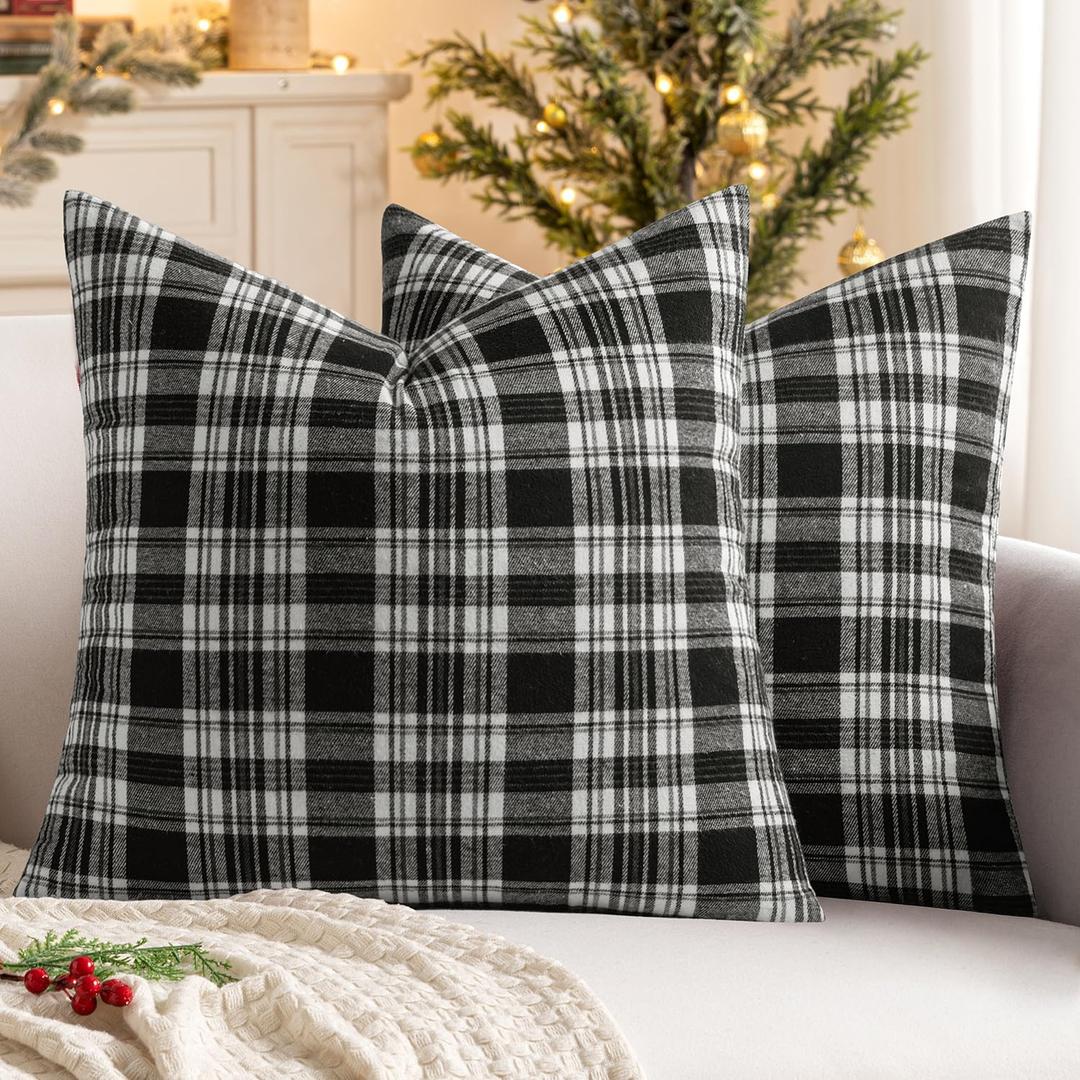 MIULEE Fall Set of 2 Scottish Tartan Plaid Throw Pillow Covers Farmhouse Classic Decorative Outdoor Square Cushion Cases for Halloween Thanksgiving Decor Sofa Couch 16x16 Inch, Black and White
