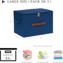 2 Pack Storage Bins with Zipper Lid Cotton Linen Fabric Lidded Storage Baskets Boxes Foldable Washable Closet Shelf Clothes Organizer Container with PU Leather Handles (Deep Blue, Large)