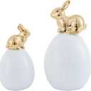 DN DECONATION Easter Bunny Decorations, 2 Pcs Cute Gold Rabbit Sit on White Eggs Figurines for Spring Indoor Home Decor, Porcelain Rabbit Statues Table Centerpiece Mantel Tray Decor Gift