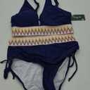 Blooming Jelly Women High Waisted Bikini Sets Tummy Control Swimsuits Color Block Two Piece Drawstring Bathing Suit (Medium, Navy Blue- New)