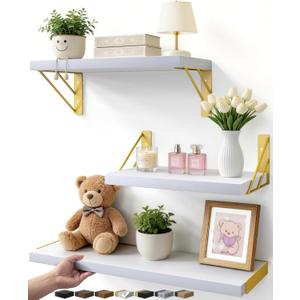BAYKA Wall Shelves for Bedroom Decor, Floating Wall Shelves for Living Room Kitchen Storage, Wall Mounted Rustic Wood Shelves for Kids Books,Corner Shelves for Bathroom(White and GoldSet of 3) (16-inch Mixed)