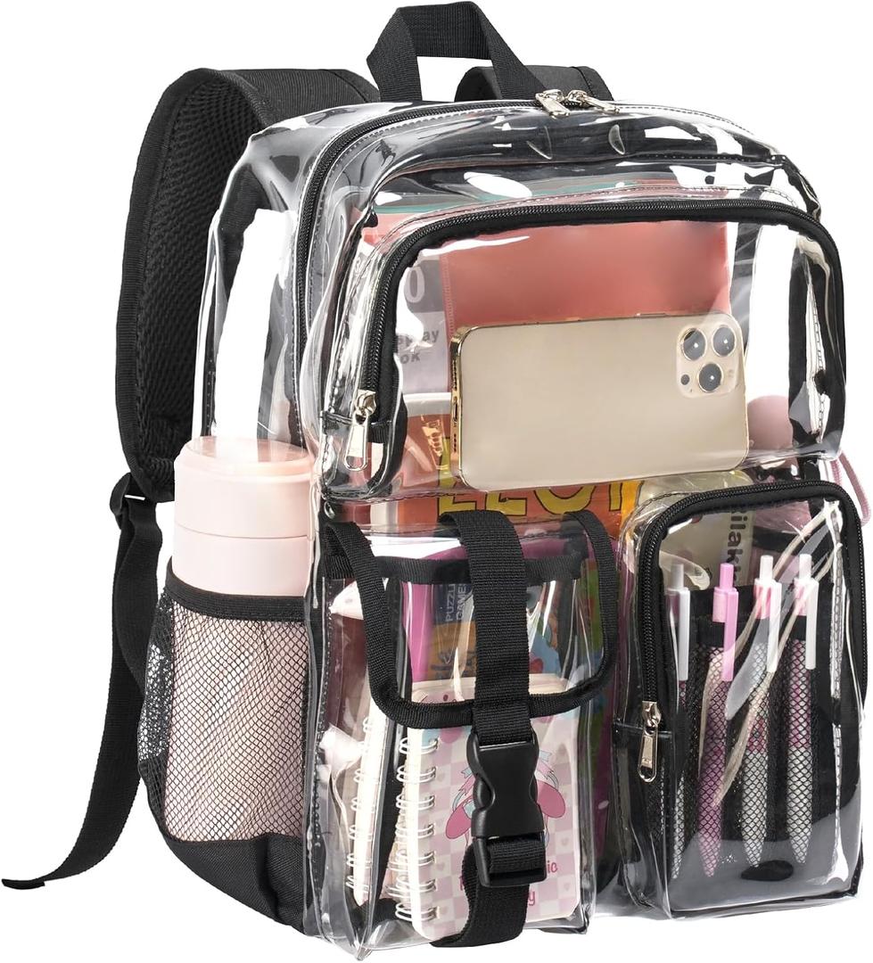 Vorspack Clear Backpack for School - Heavy Duty Transparent Bookbag for Girls Boys Large See Through backpacks for Work, College, Travel - Black