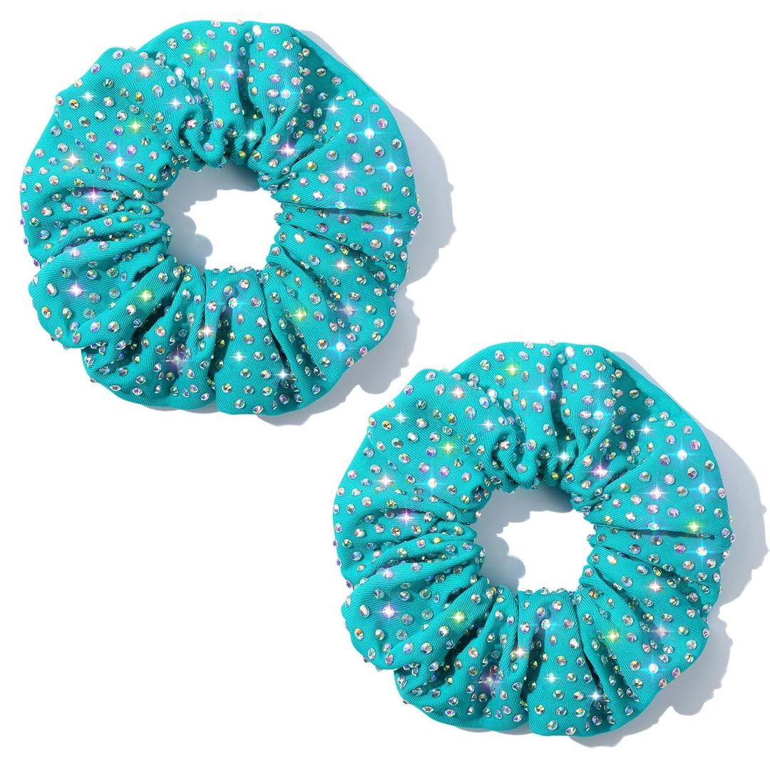 Glitter Teal Rhinestone Scrunchies for Cheer Competition Sparkly Cheerleading Scrunchie Hair Accessories Elastic Band for Cheerleaders Girls (Teal) (2 PCS)