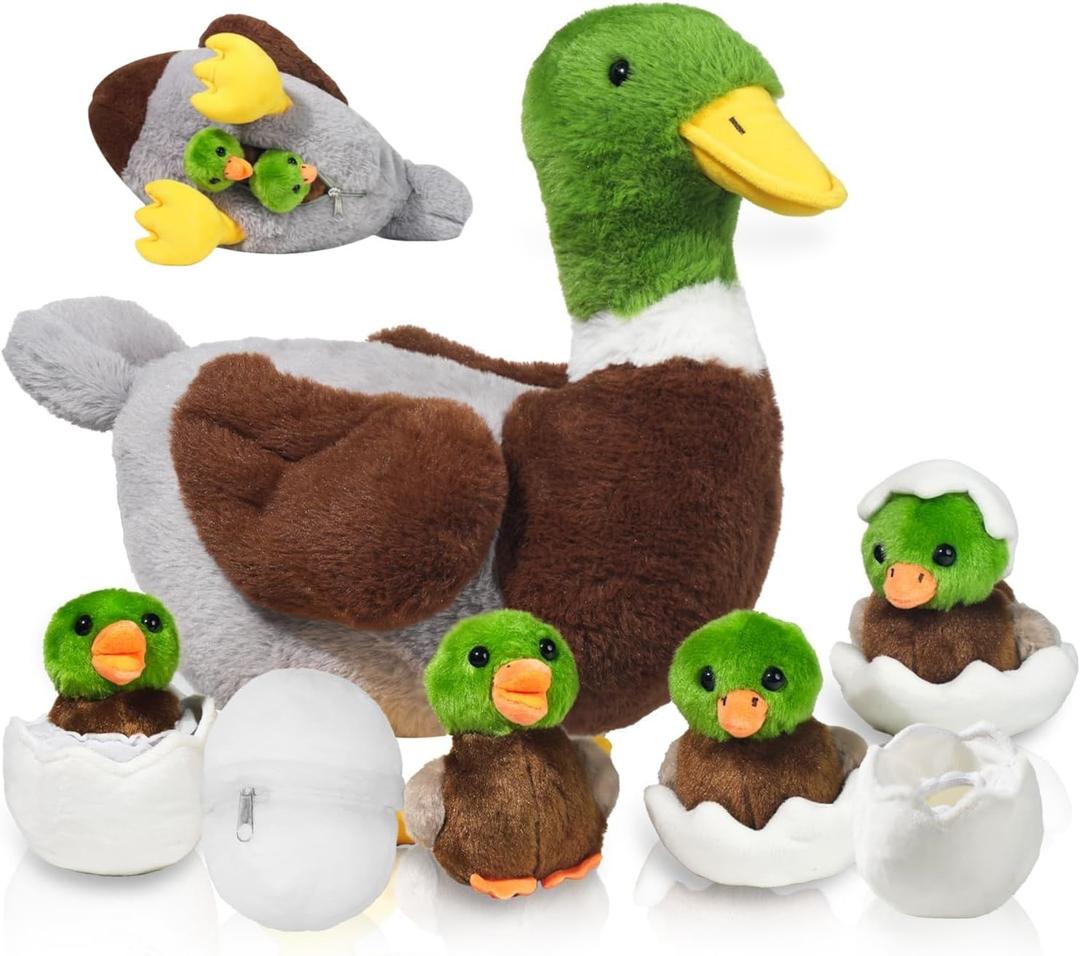 7 in 1 Mallard Duck Stuffed Animals Duck Plush Toys, 12" Zipper Mommy Stuffed Duck with 4 Baby Ducks Ducklings Eggs Green Duck Plushies Pillow for Kids Birthday Easter Stuffers Gifts Farm Party Decor