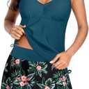 Daci Tankini Swimsuit for Women Tummy Control Bathing Suits with Skirt Two Piece Drawstring Tank Top with Swimdress M