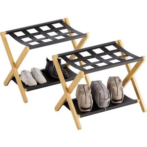 HITNET Luggage Rack 2 Pack, Folding Suitcase Stand for Guest Room, Bamboo Luggage Holder with Storage Shelf for Hotel Bedroom, Natural