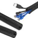 2pcs 5ft-3/4inch Black/White Cable Sleeve - Protects Cords from Pets & Organizes Wires - Modern Style - Polyester Material - Flame Retardant - Easy to Use & Cut (Black, 5ft-3/4inch)